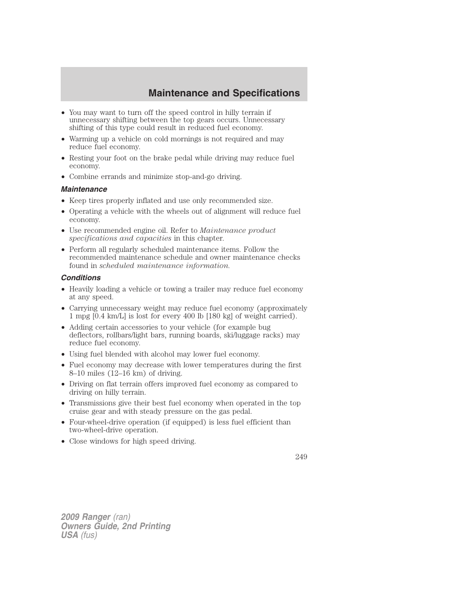 Maintenance, Conditions, Maintenance and specifications | FORD 2009 Ranger v.2 User Manual | Page 249 / 274