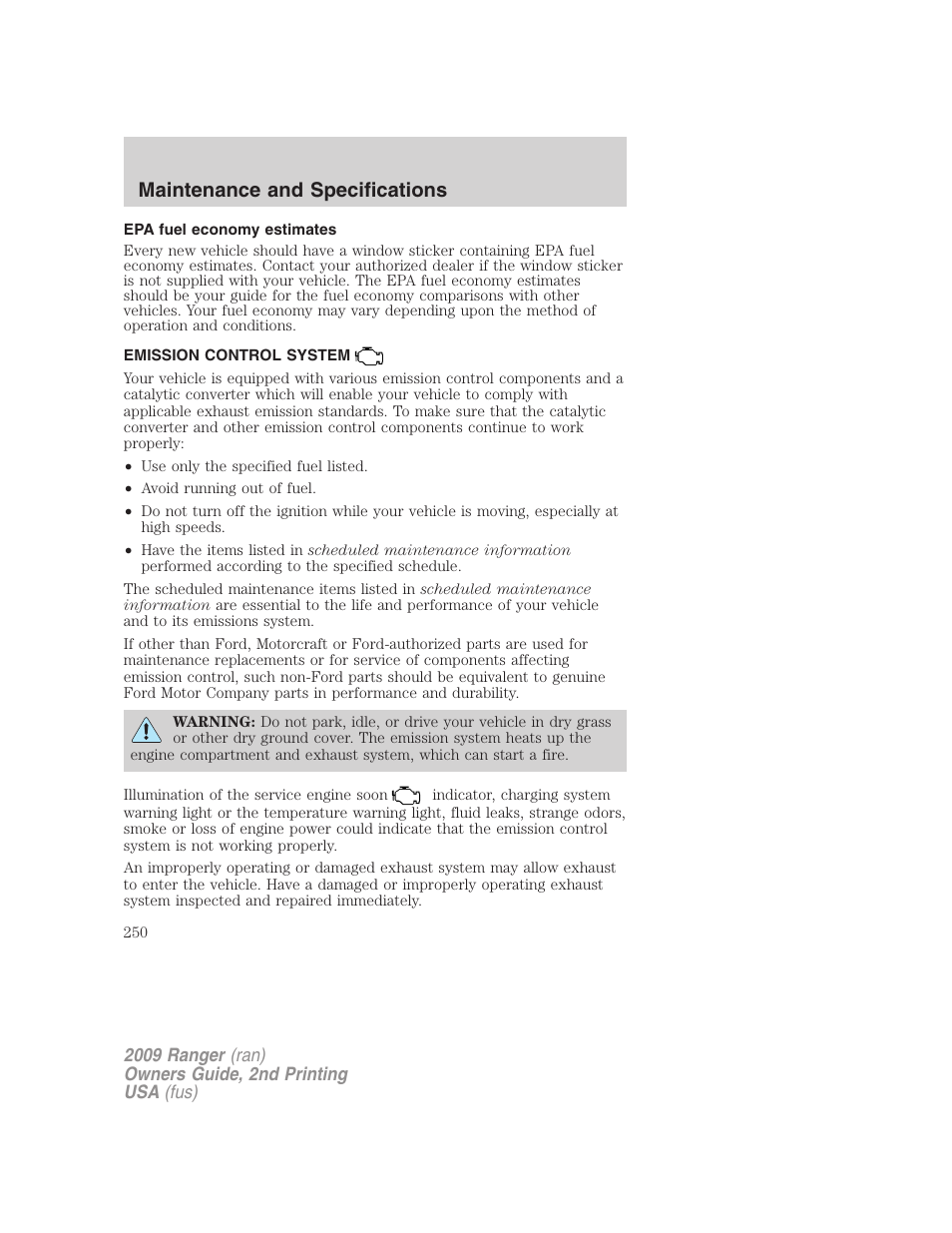 Epa fuel economy estimates, Emission control system, Maintenance and specifications | FORD 2009 Ranger v.2 User Manual | Page 250 / 274