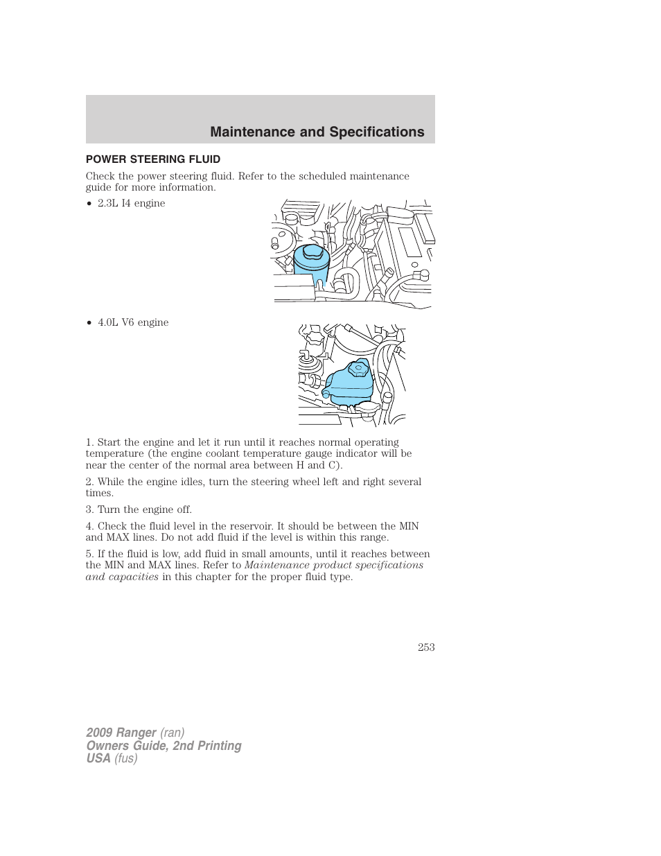 Power steering fluid, Maintenance and specifications | FORD 2009 Ranger v.2 User Manual | Page 253 / 274