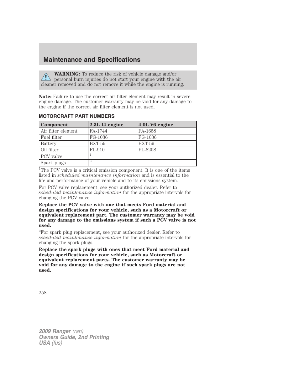 Motorcraft part numbers, Part numbers, Maintenance and specifications | FORD 2009 Ranger v.2 User Manual | Page 258 / 274