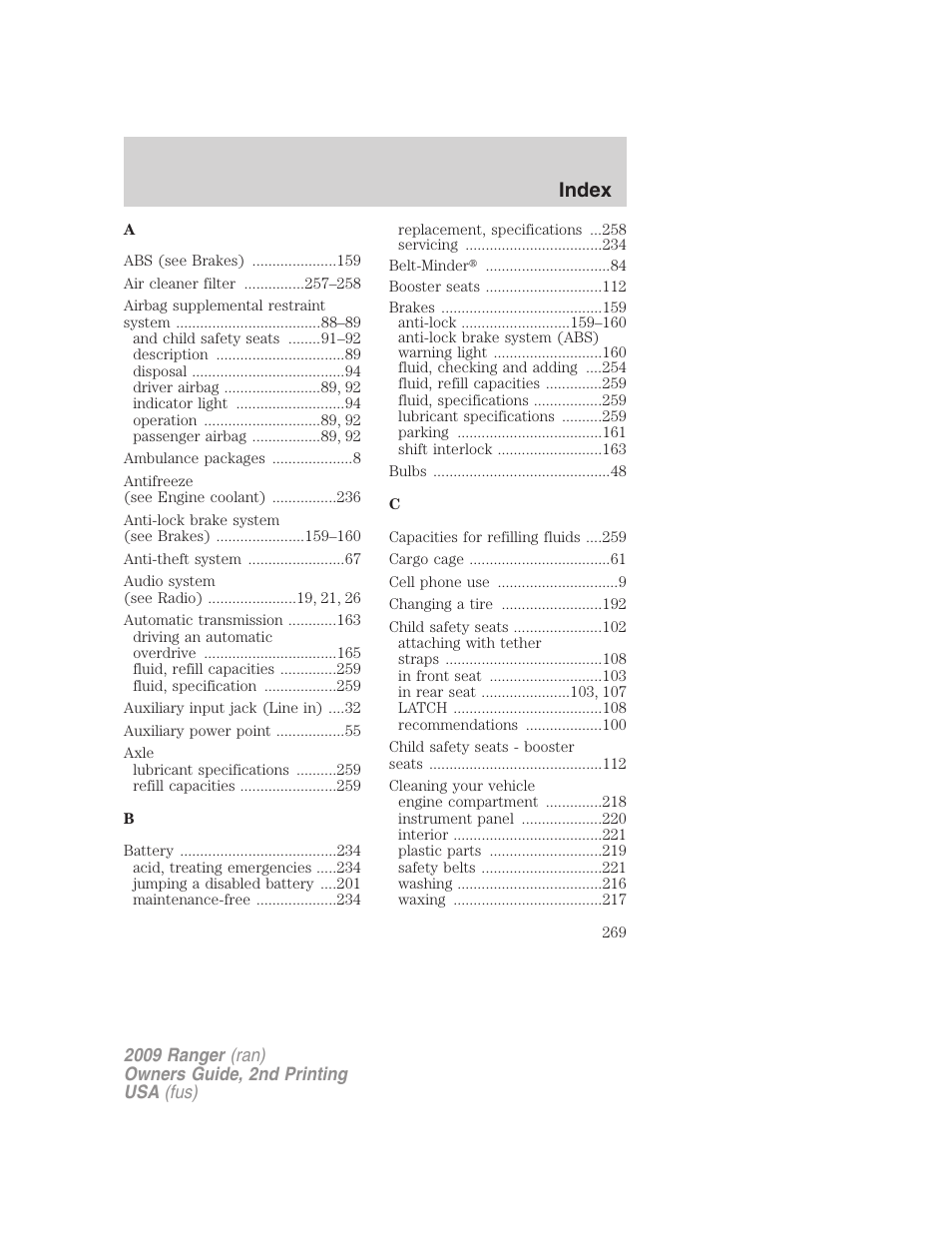 Index | FORD 2009 Ranger v.2 User Manual | Page 269 / 274