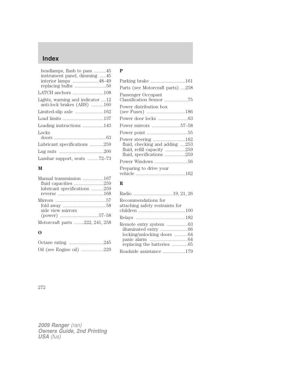 Index | FORD 2009 Ranger v.2 User Manual | Page 272 / 274