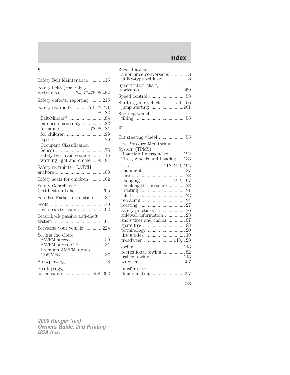 Index | FORD 2009 Ranger v.2 User Manual | Page 273 / 274