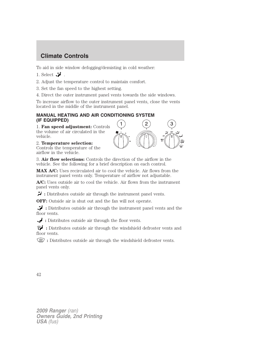 Manual heating and air conditioning, Climate controls | FORD 2009 Ranger v.2 User Manual | Page 42 / 274