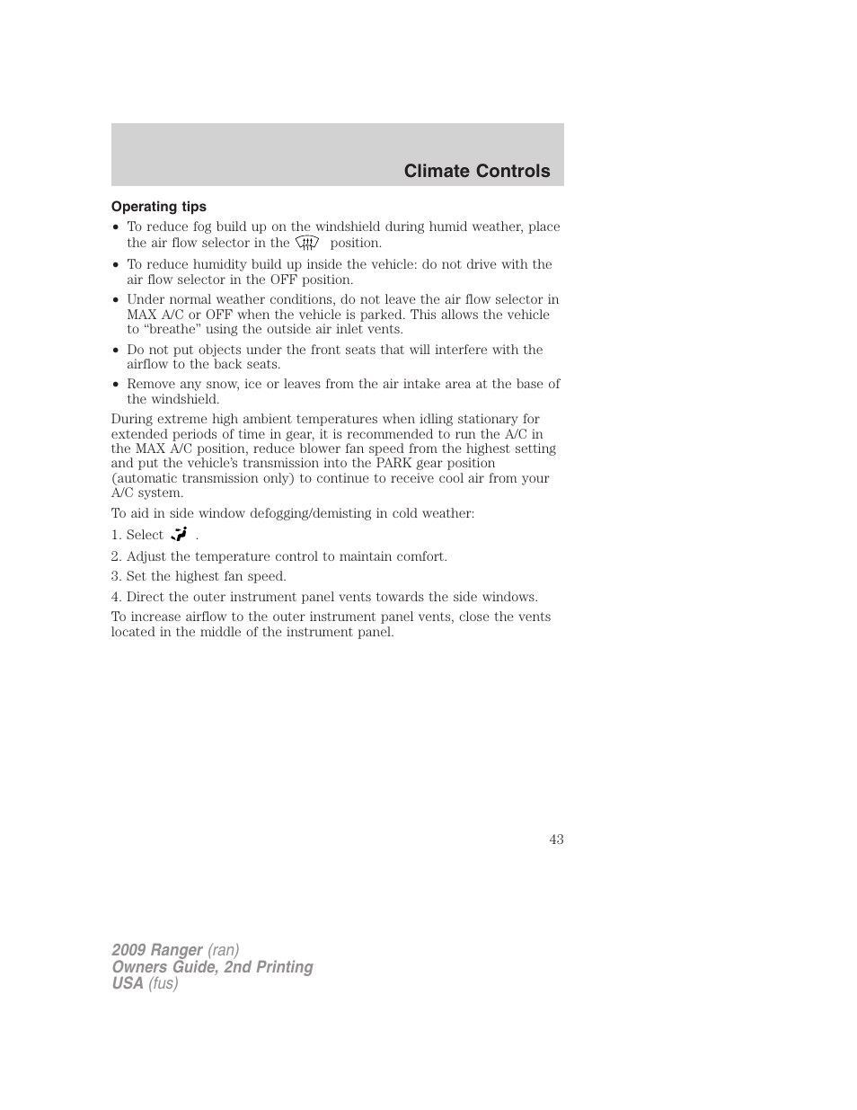 Operating tips, Climate controls | FORD 2009 Ranger v.2 User Manual | Page 43 / 274