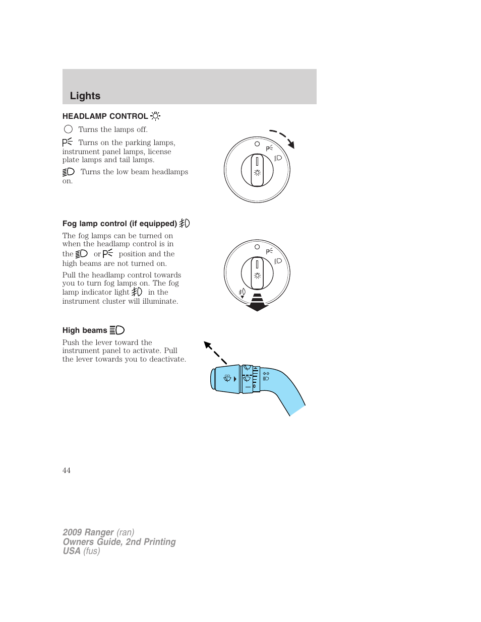 Lights, Headlamp control, Fog lamp control (if equipped) | High beams, Headlamps | FORD 2009 Ranger v.2 User Manual | Page 44 / 274