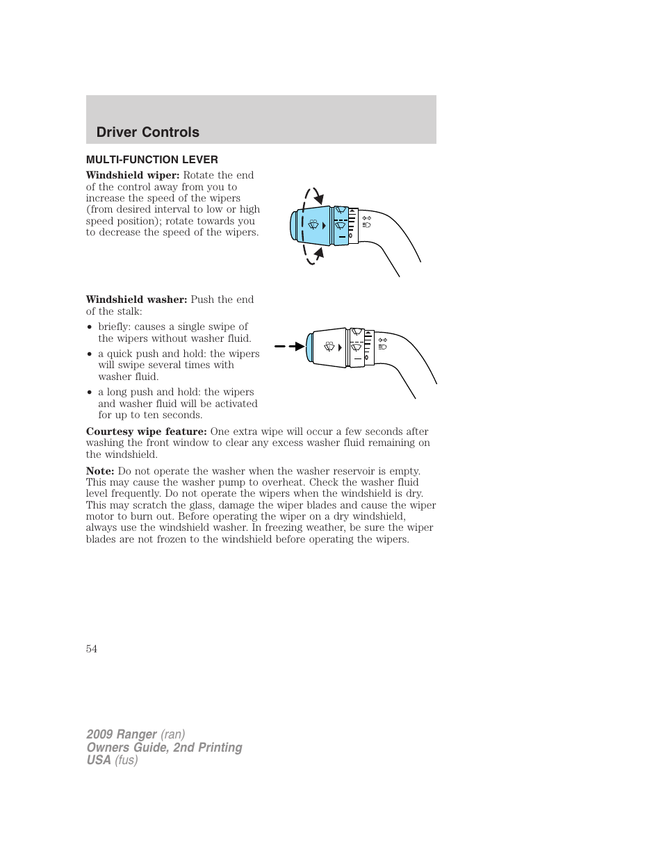 Driver controls, Multi-function lever, Windshield wiper/washer control | FORD 2009 Ranger v.2 User Manual | Page 54 / 274