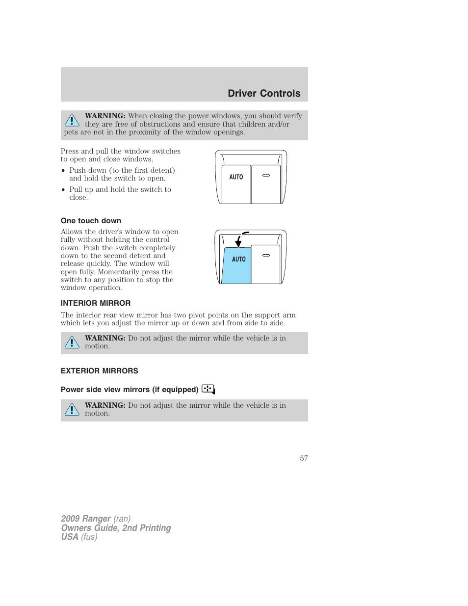 One touch down, Interior mirror, Exterior mirrors | Power side view mirrors (if equipped), Mirrors, Driver controls | FORD 2009 Ranger v.2 User Manual | Page 57 / 274