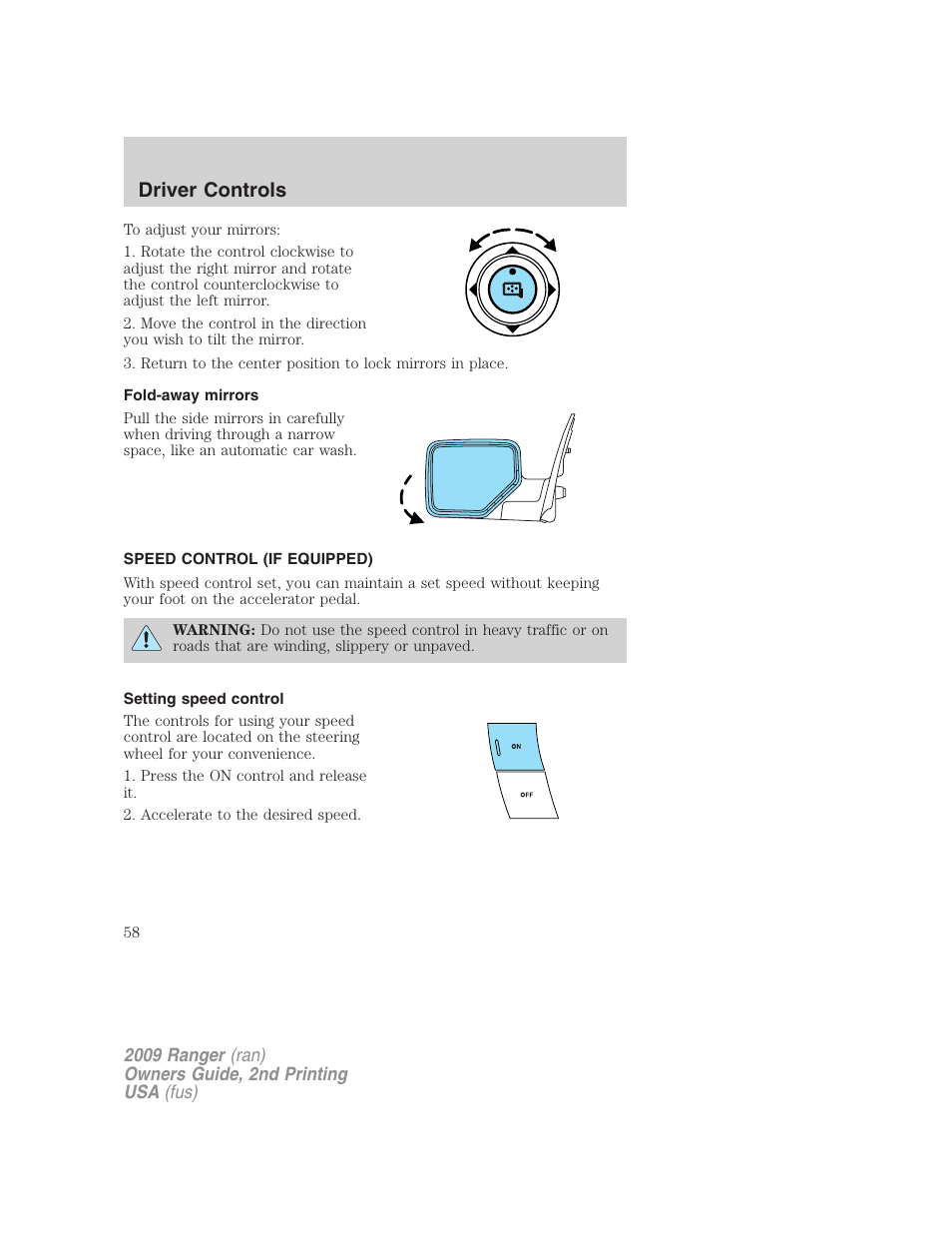 Fold-away mirrors, Speed control (if equipped), Setting speed control | Speed control, Driver controls | FORD 2009 Ranger v.2 User Manual | Page 58 / 274