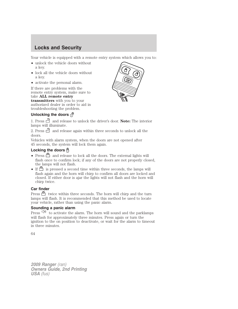 Unlocking the doors, Locking the doors, Car finder | Sounding a panic alarm, Locks and security | FORD 2009 Ranger v.2 User Manual | Page 64 / 274