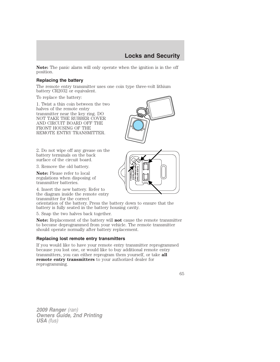 Replacing the battery, Replacing lost remote entry transmitters, Locks and security | FORD 2009 Ranger v.2 User Manual | Page 65 / 274