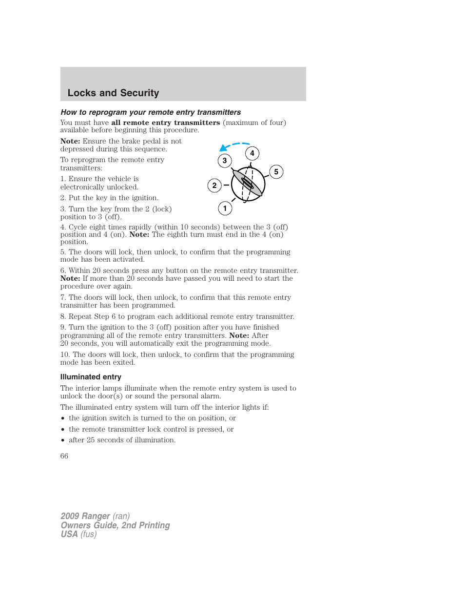 How to reprogram your remote entry transmitters, Illuminated entry, Locks and security | FORD 2009 Ranger v.2 User Manual | Page 66 / 274