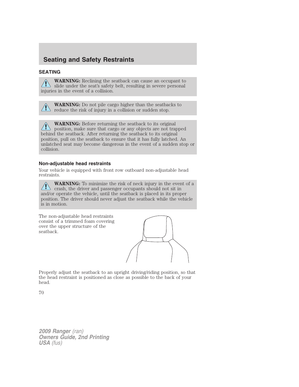 Seating and safety restraints, Seating, Non-adjustable head restraints | FORD 2009 Ranger v.2 User Manual | Page 70 / 274