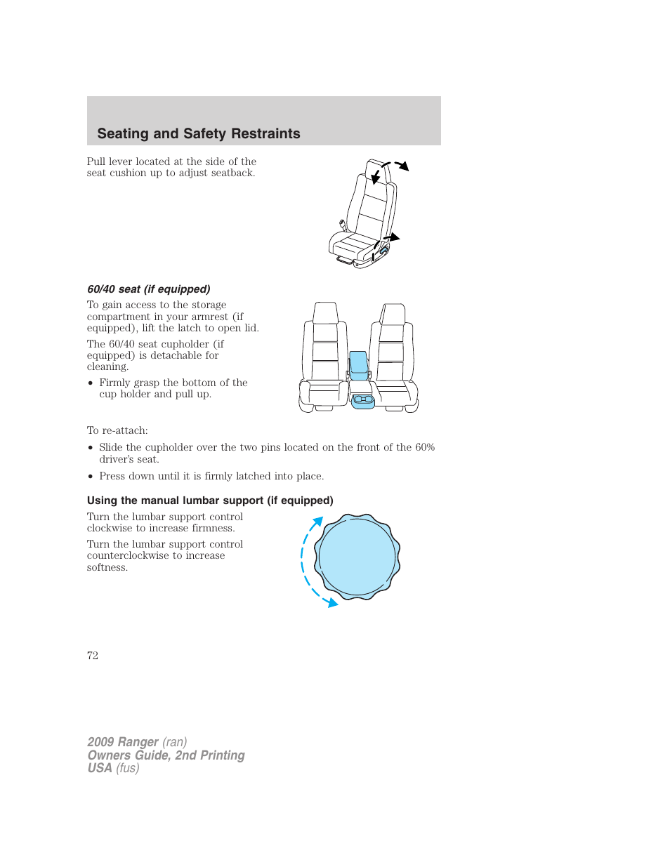 60/40 seat (if equipped), Using the manual lumbar support (if equipped), Seating and safety restraints | FORD 2009 Ranger v.2 User Manual | Page 72 / 274