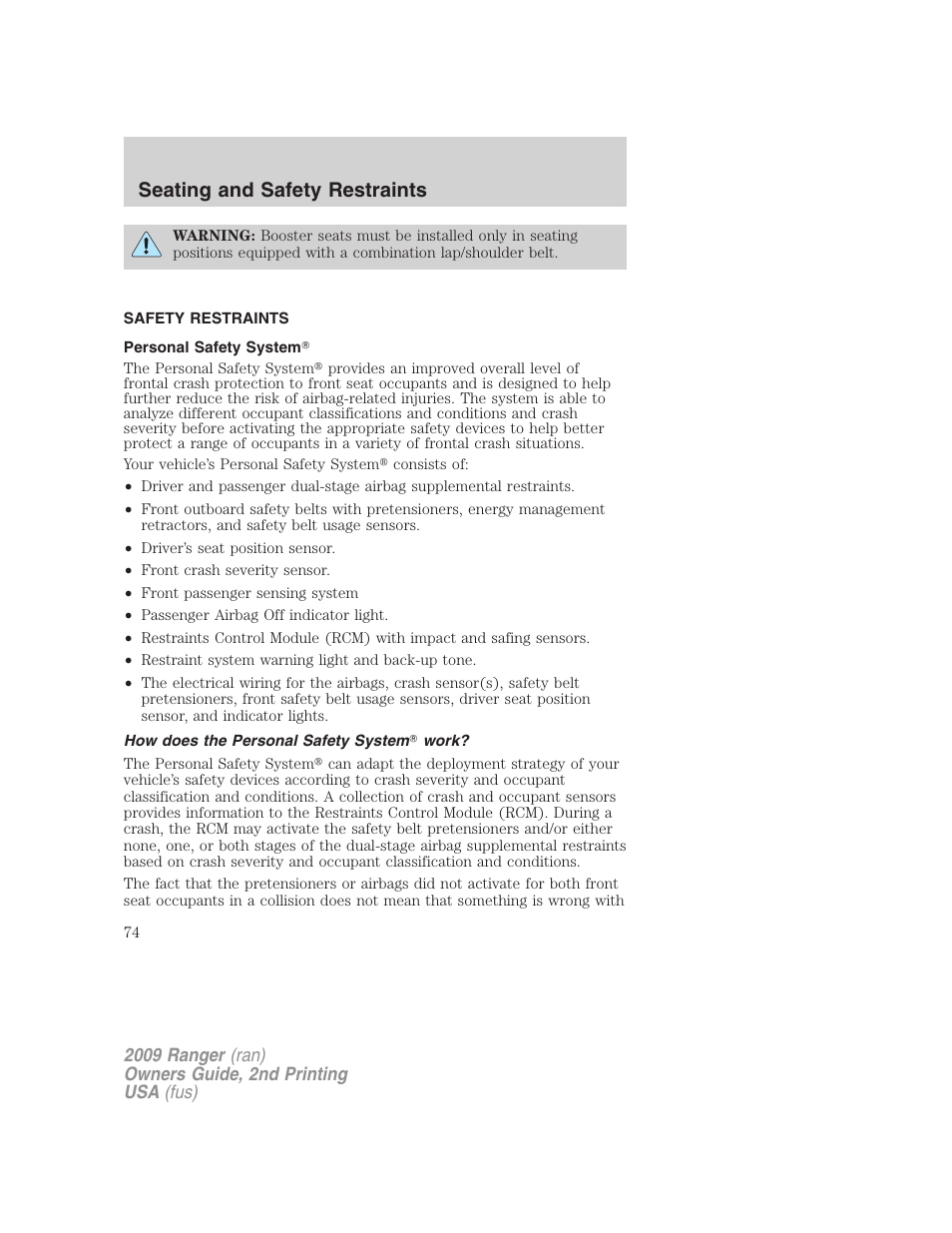 Safety restraints, Personal safety system, How does the personal safety system work | Seating and safety restraints | FORD 2009 Ranger v.2 User Manual | Page 74 / 274