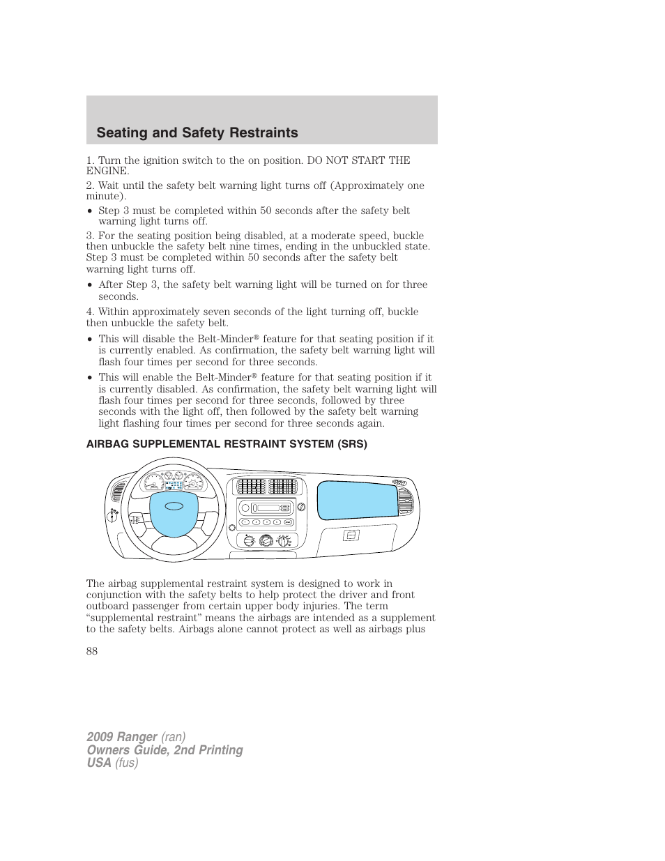 Airbag supplemental restraint system (srs), Airbags, Seating and safety restraints | FORD 2009 Ranger v.2 User Manual | Page 88 / 274