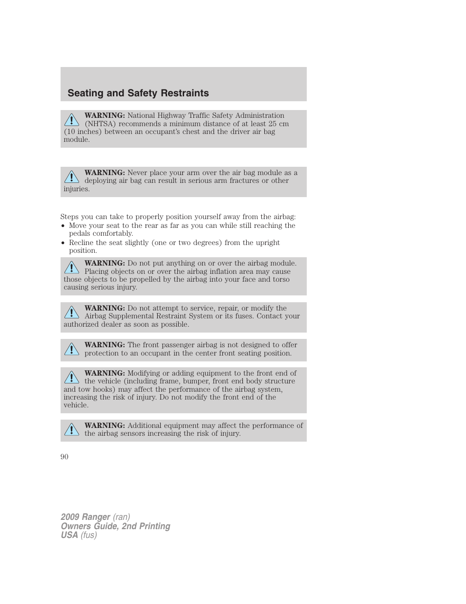 Seating and safety restraints | FORD 2009 Ranger v.2 User Manual | Page 90 / 274