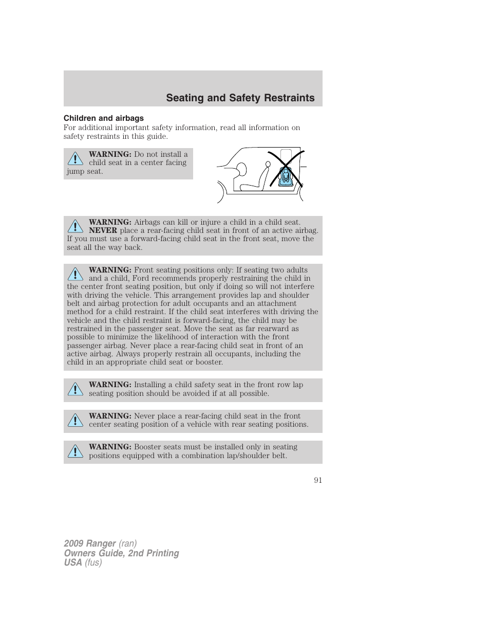 Children and airbags, Seating and safety restraints | FORD 2009 Ranger v.2 User Manual | Page 91 / 274