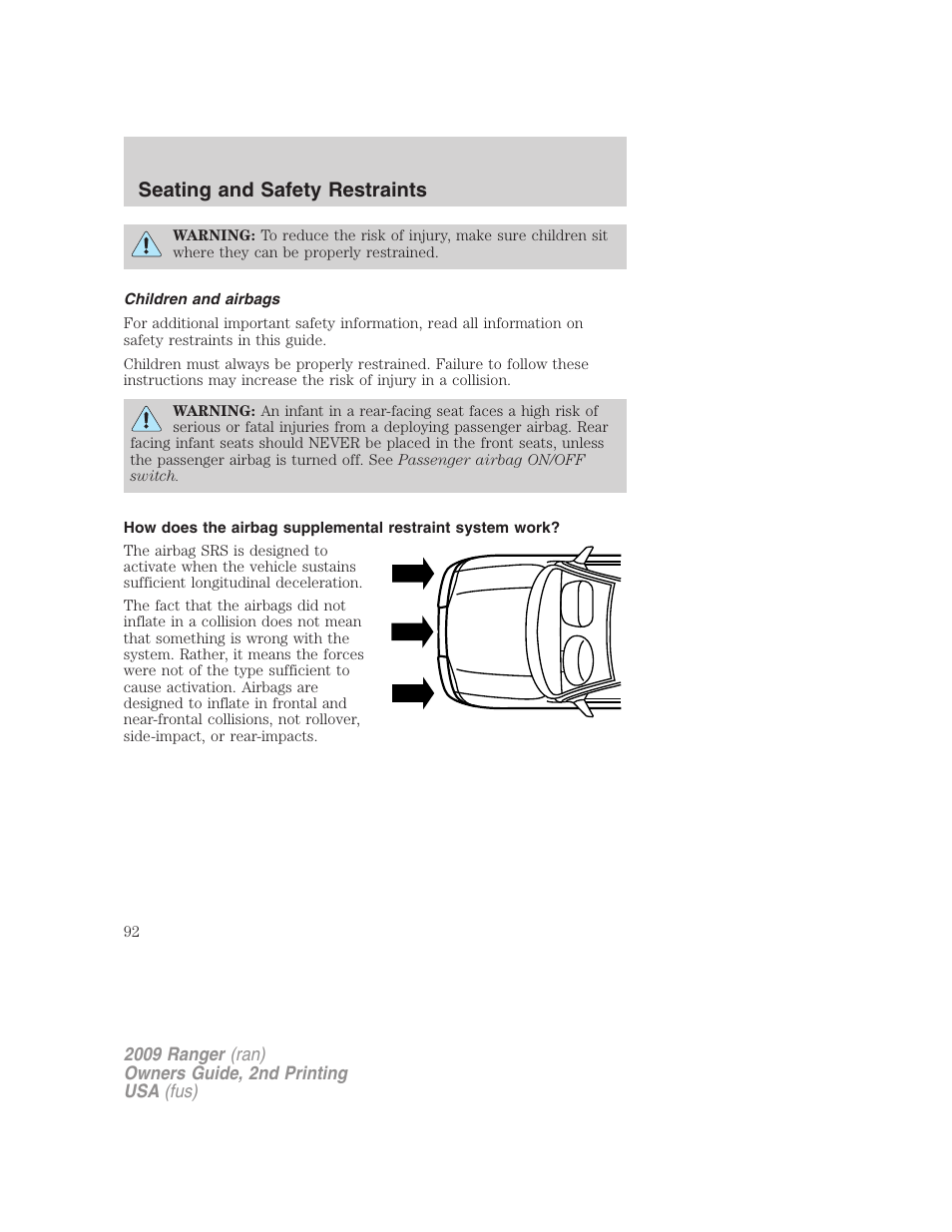 Children and airbags, Seating and safety restraints | FORD 2009 Ranger v.2 User Manual | Page 92 / 274