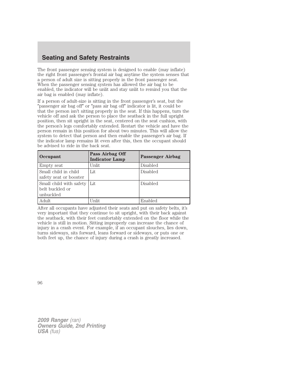 Seating and safety restraints | FORD 2009 Ranger v.2 User Manual | Page 96 / 274