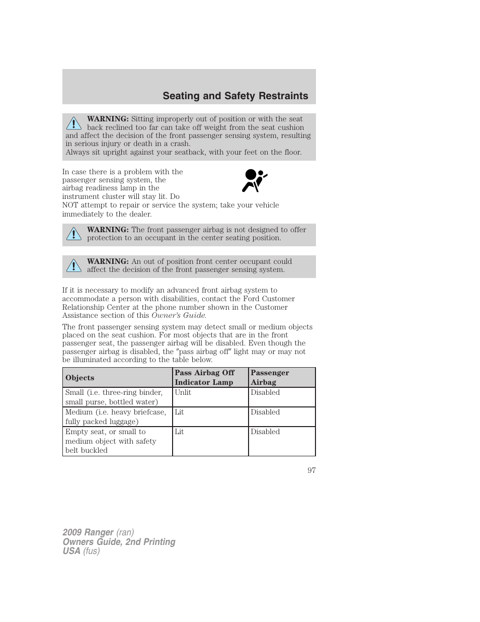 Seating and safety restraints | FORD 2009 Ranger v.2 User Manual | Page 97 / 274