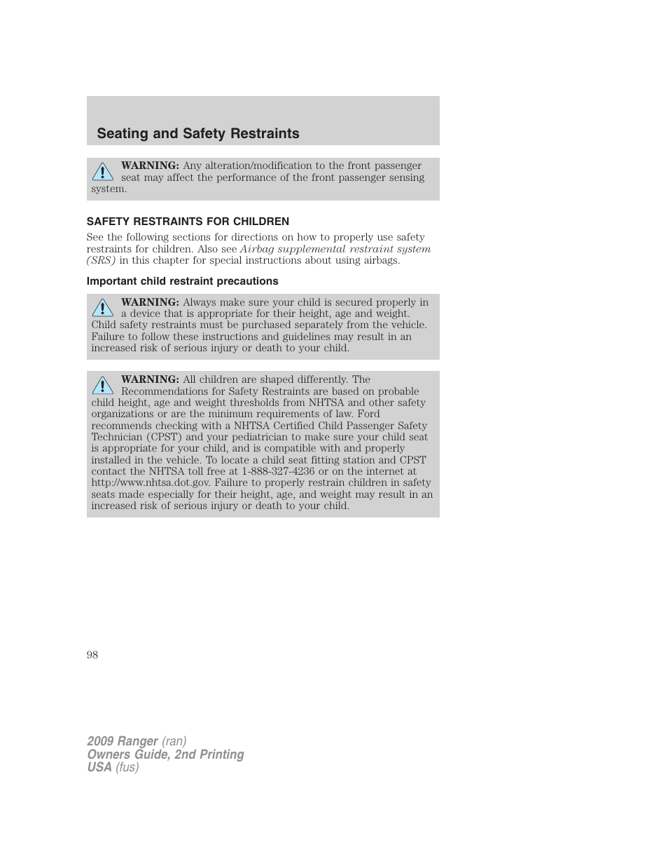 Safety restraints for children, Important child restraint precautions, Child restraints | Seating and safety restraints | FORD 2009 Ranger v.2 User Manual | Page 98 / 274