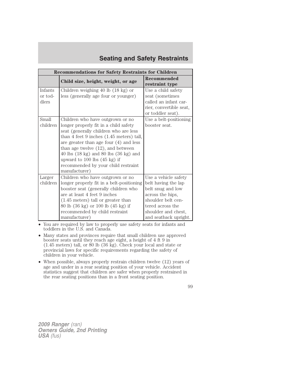 Seating and safety restraints | FORD 2009 Ranger v.2 User Manual | Page 99 / 274