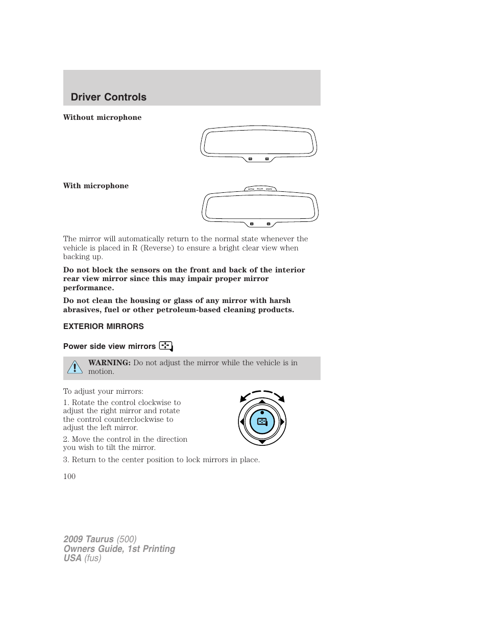 Exterior mirrors, Power side view mirrors, Driver controls | FORD 2009 Taurus v.1 User Manual | Page 100 / 336
