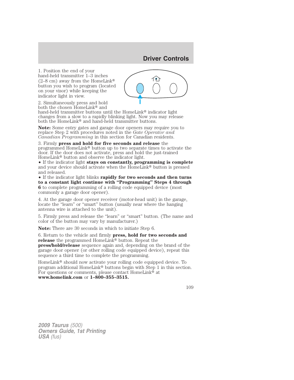 Driver controls | FORD 2009 Taurus v.1 User Manual | Page 109 / 336