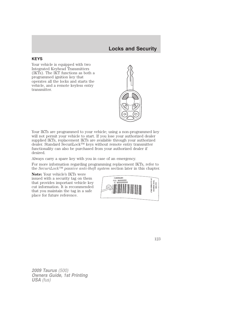 Locks and security, Keys | FORD 2009 Taurus v.1 User Manual | Page 123 / 336