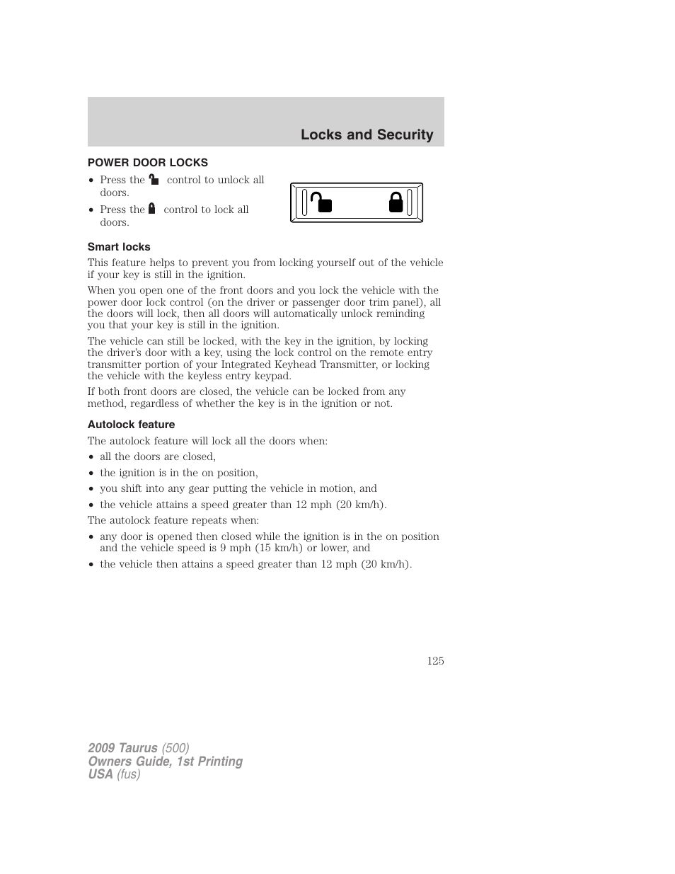 Power door locks, Smart locks, Autolock feature | Locks, Locks and security | FORD 2009 Taurus v.1 User Manual | Page 125 / 336