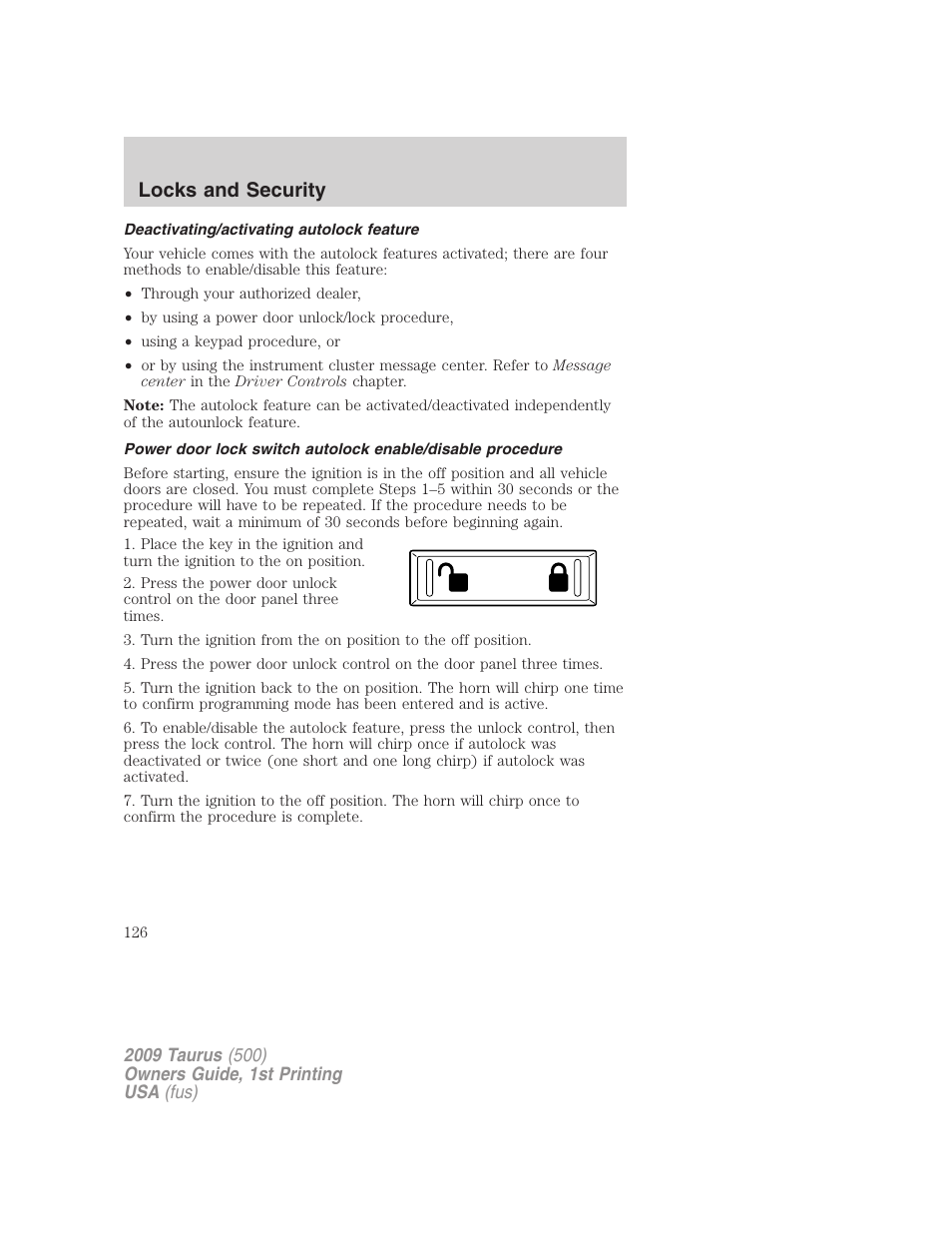 Deactivating/activating autolock feature, Locks and security | FORD 2009 Taurus v.1 User Manual | Page 126 / 336