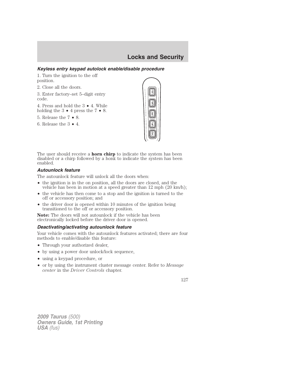 Autounlock feature, Deactivating/activating autounlock feature, Locks and security | FORD 2009 Taurus v.1 User Manual | Page 127 / 336