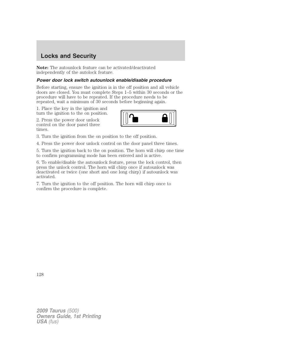 Locks and security | FORD 2009 Taurus v.1 User Manual | Page 128 / 336