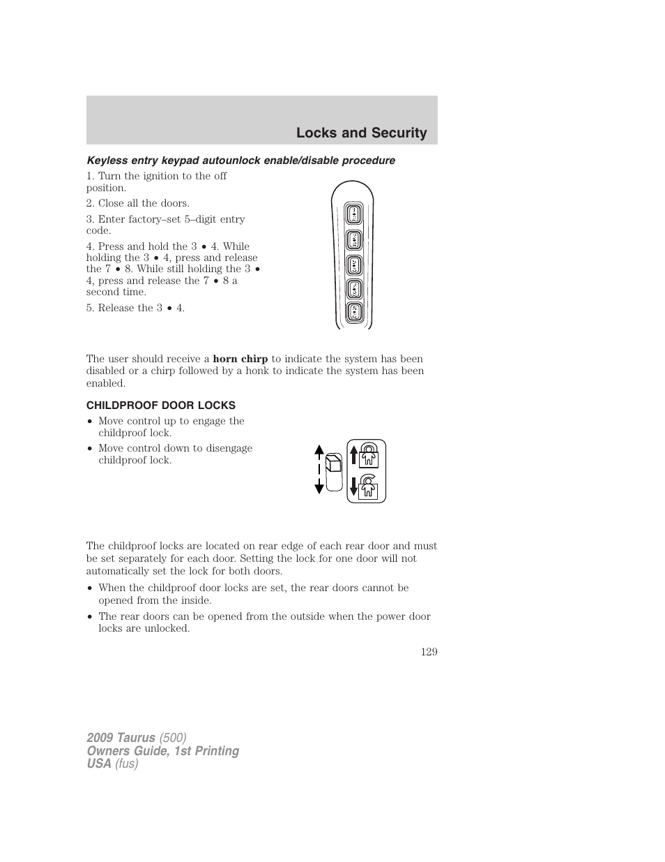Childproof door locks, Locks and security | FORD 2009 Taurus v.1 User Manual | Page 129 / 336