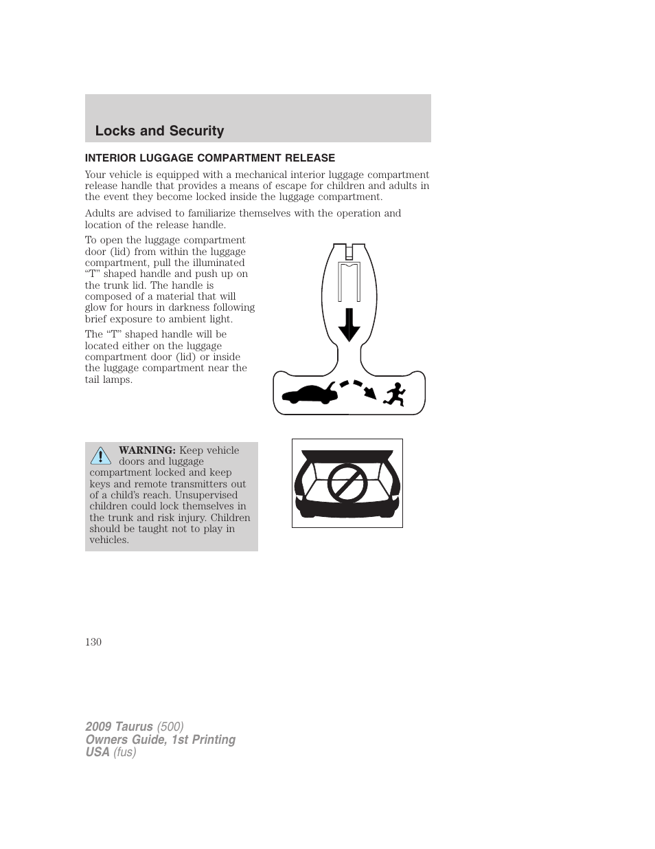 Interior luggage compartment release, Locks and security | FORD 2009 Taurus v.1 User Manual | Page 130 / 336