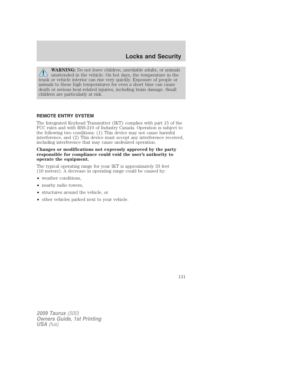 Remote entry system, Locks and security | FORD 2009 Taurus v.1 User Manual | Page 131 / 336
