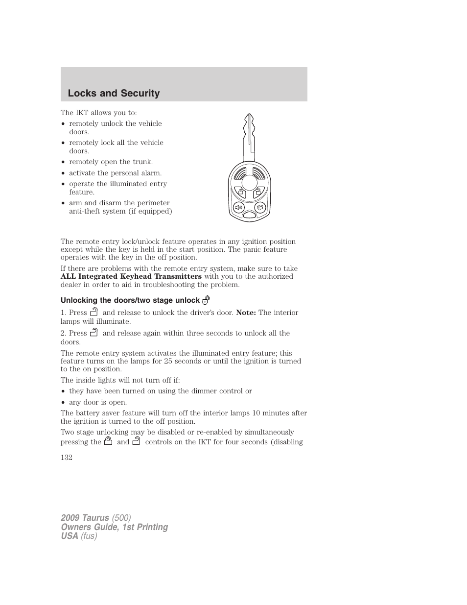 Unlocking the doors/two stage unlock, Locks and security | FORD 2009 Taurus v.1 User Manual | Page 132 / 336