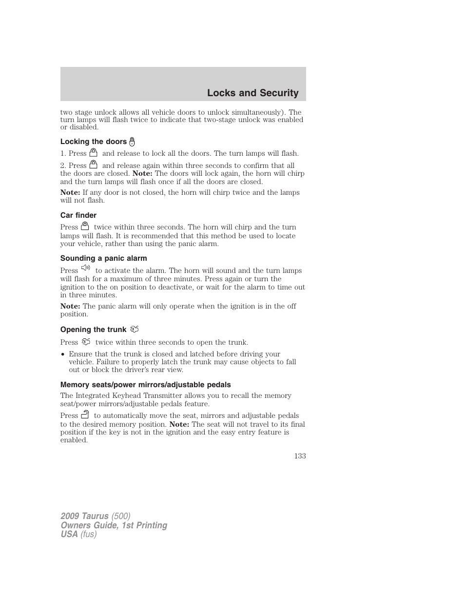 Locking the doors, Car finder, Sounding a panic alarm | Opening the trunk, Memory seats/power mirrors/adjustable pedals, Locks and security | FORD 2009 Taurus v.1 User Manual | Page 133 / 336