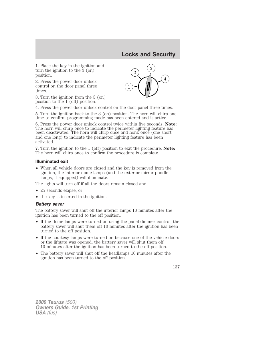 Illuminated exit, Battery saver, Locks and security | FORD 2009 Taurus v.1 User Manual | Page 137 / 336