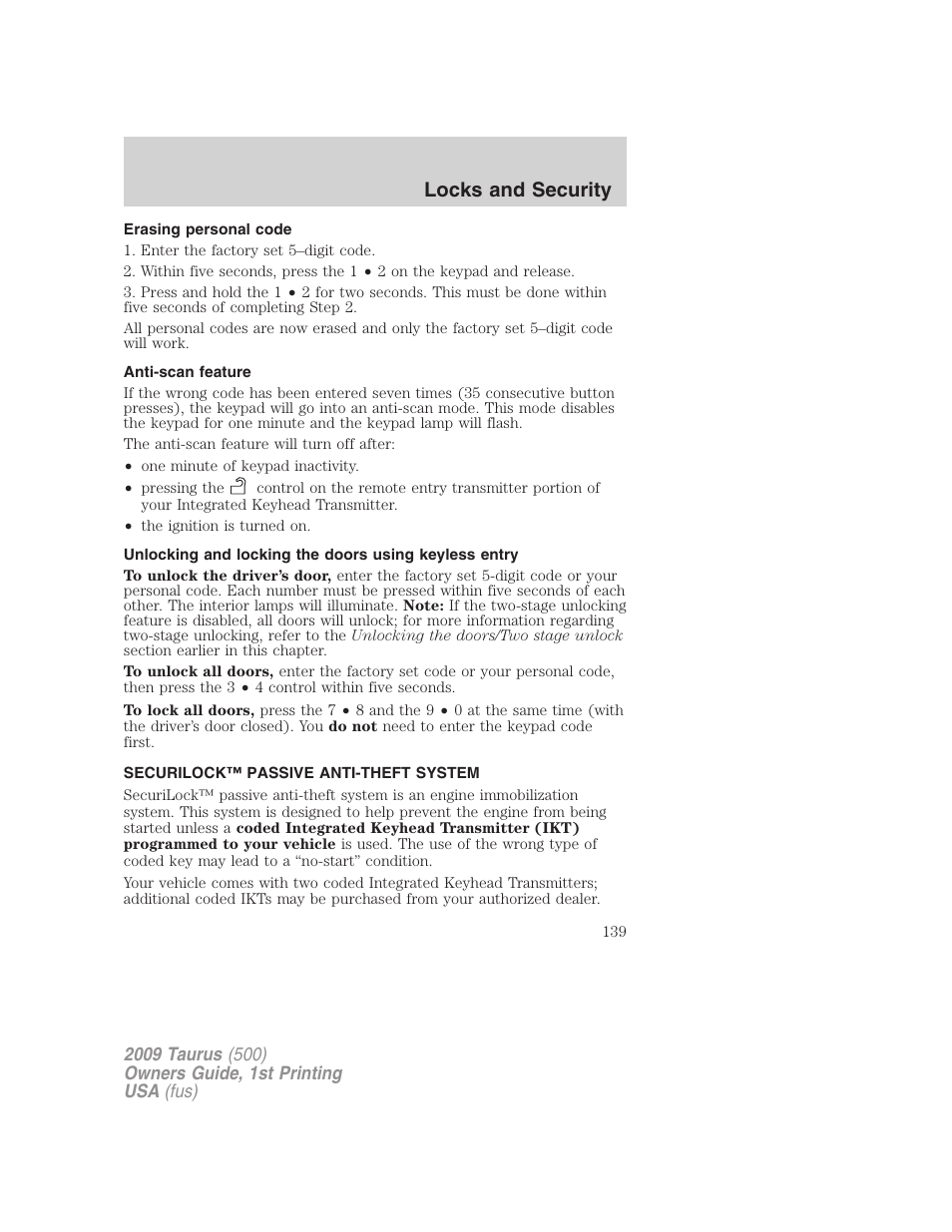 Erasing personal code, Anti-scan feature, Securilock™ passive anti-theft system | Anti-theft system, Locks and security | FORD 2009 Taurus v.1 User Manual | Page 139 / 336