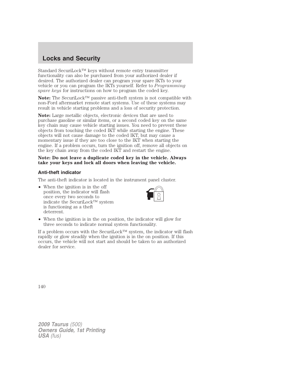 Anti-theft indicator, Locks and security | FORD 2009 Taurus v.1 User Manual | Page 140 / 336