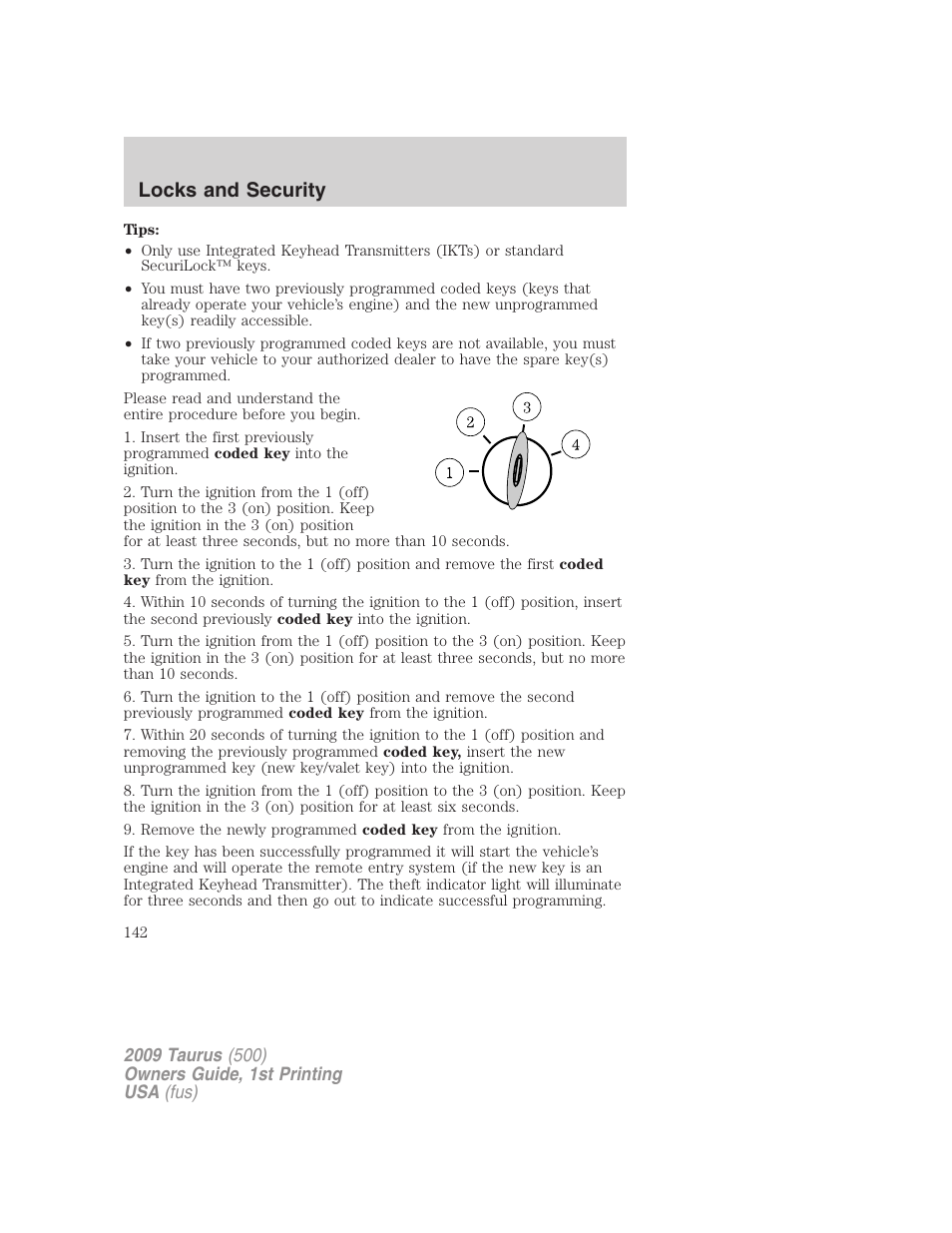 Locks and security | FORD 2009 Taurus v.1 User Manual | Page 142 / 336