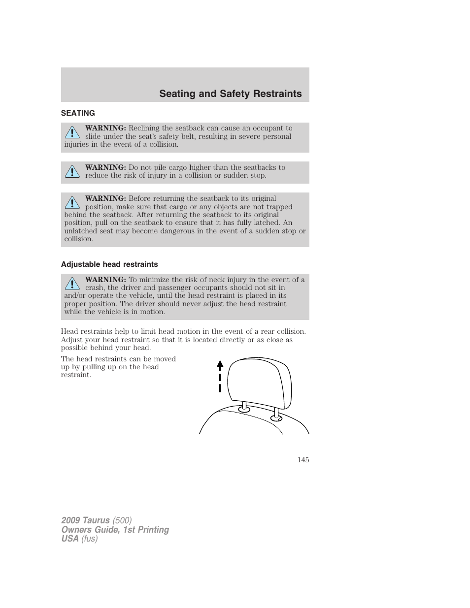 Seating and safety restraints, Seating, Adjustable head restraints | FORD 2009 Taurus v.1 User Manual | Page 145 / 336
