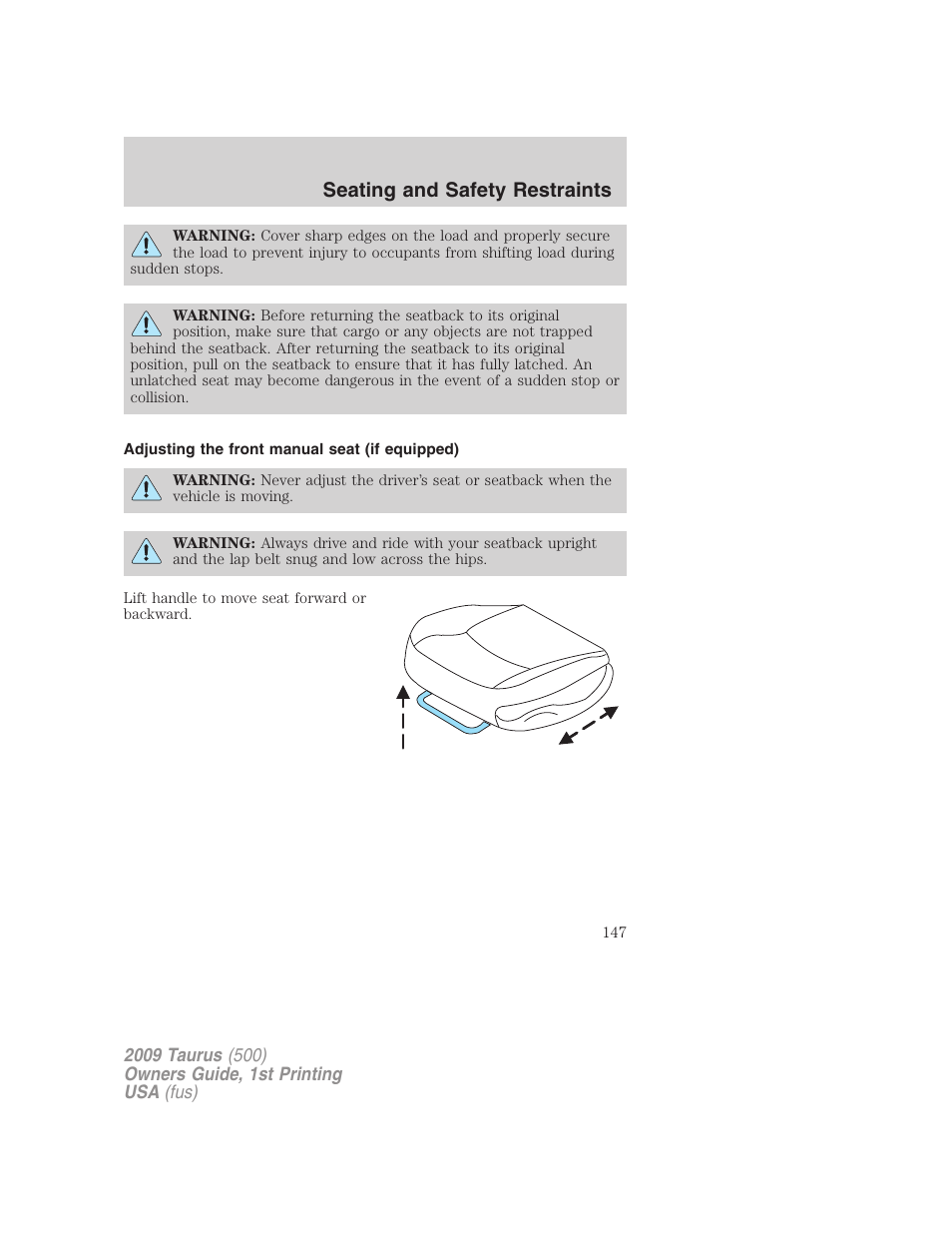 Adjusting the front manual seat (if equipped), Seating and safety restraints | FORD 2009 Taurus v.1 User Manual | Page 147 / 336