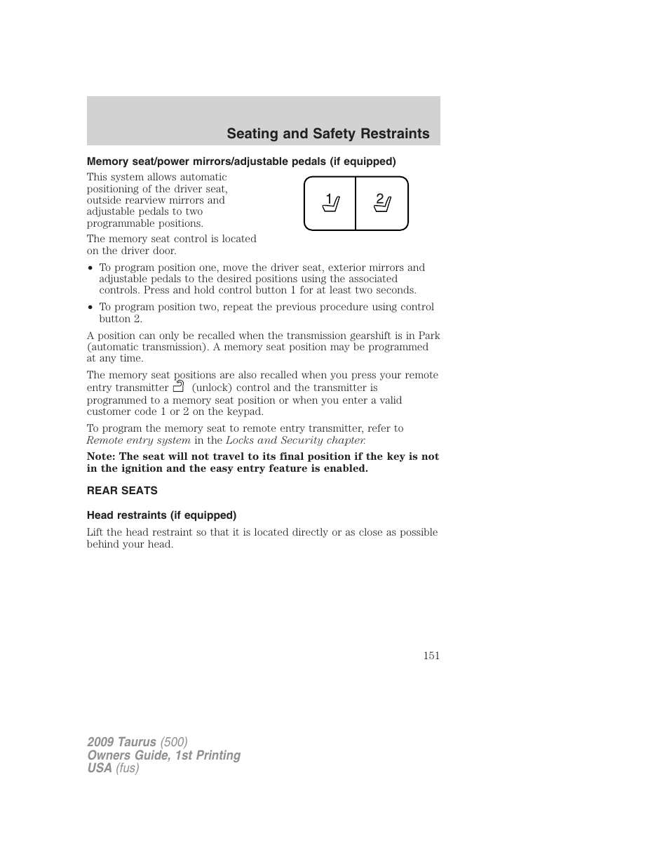 Rear seats, Head restraints (if equipped), Seating and safety restraints | FORD 2009 Taurus v.1 User Manual | Page 151 / 336