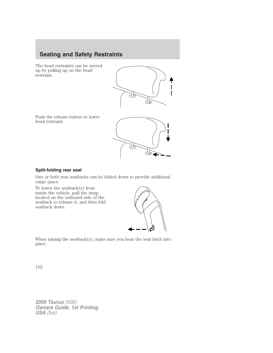 Split-folding rear seat, Seating and safety restraints | FORD 2009 Taurus v.1 User Manual | Page 152 / 336