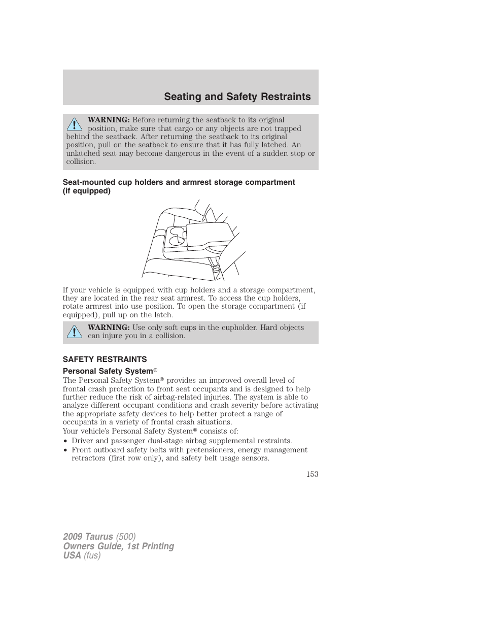 Safety restraints, Personal safety system, Seating and safety restraints | FORD 2009 Taurus v.1 User Manual | Page 153 / 336