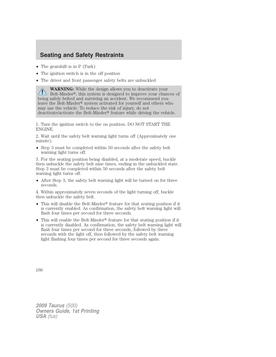 Seating and safety restraints | FORD 2009 Taurus v.1 User Manual | Page 166 / 336