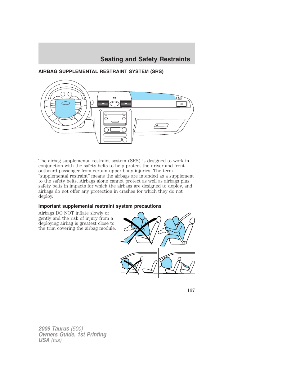Airbag supplemental restraint system (srs), Airbags, Seating and safety restraints | FORD 2009 Taurus v.1 User Manual | Page 167 / 336